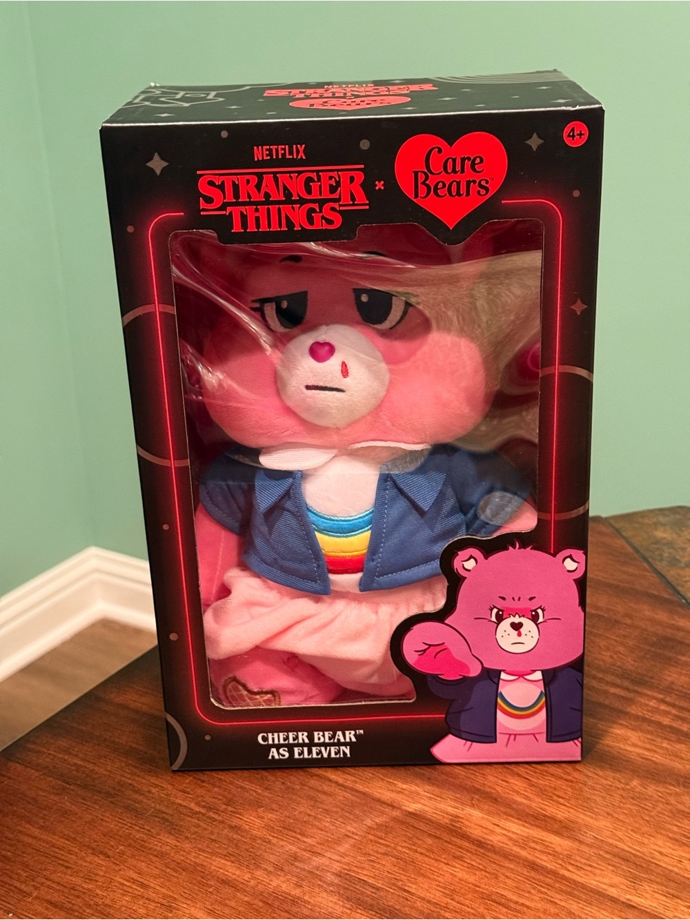 Care Bears Pink Cheer Bear Plush in Blue Jacket and Rainbow Shirt
